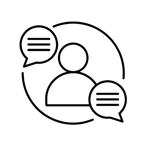 Outline of a person with two speech bubbles, one on each side, connected by a circular line.