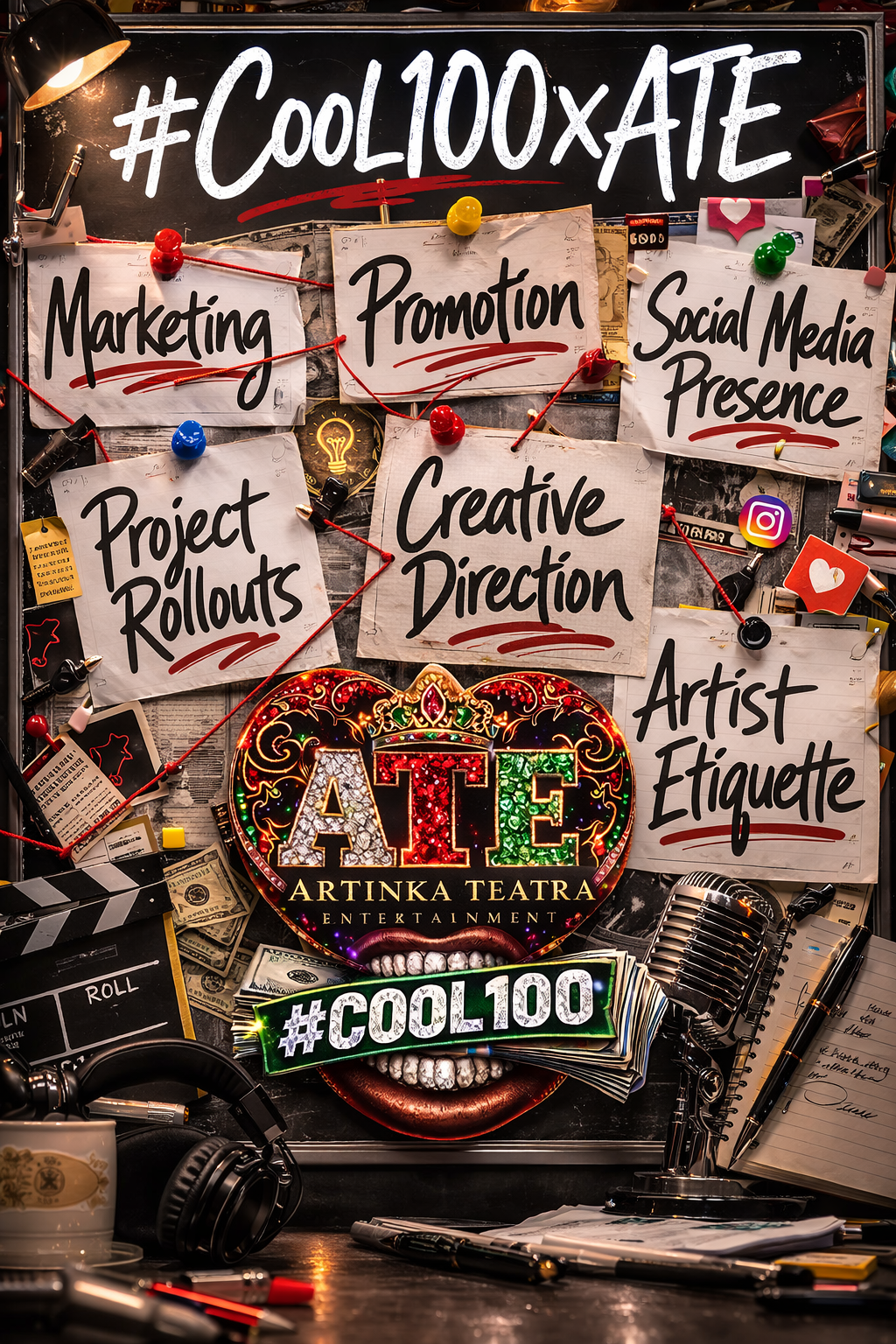 A bulletin board with notes about marketing, promotion, social media presence, project rollouts, creative direction, and artist etiquette, featuring hashtags #Cool100 and logos for Artinka Teatra and Instagram, surrounded by film reels, headphones, money, a microphone, and writing supplies.