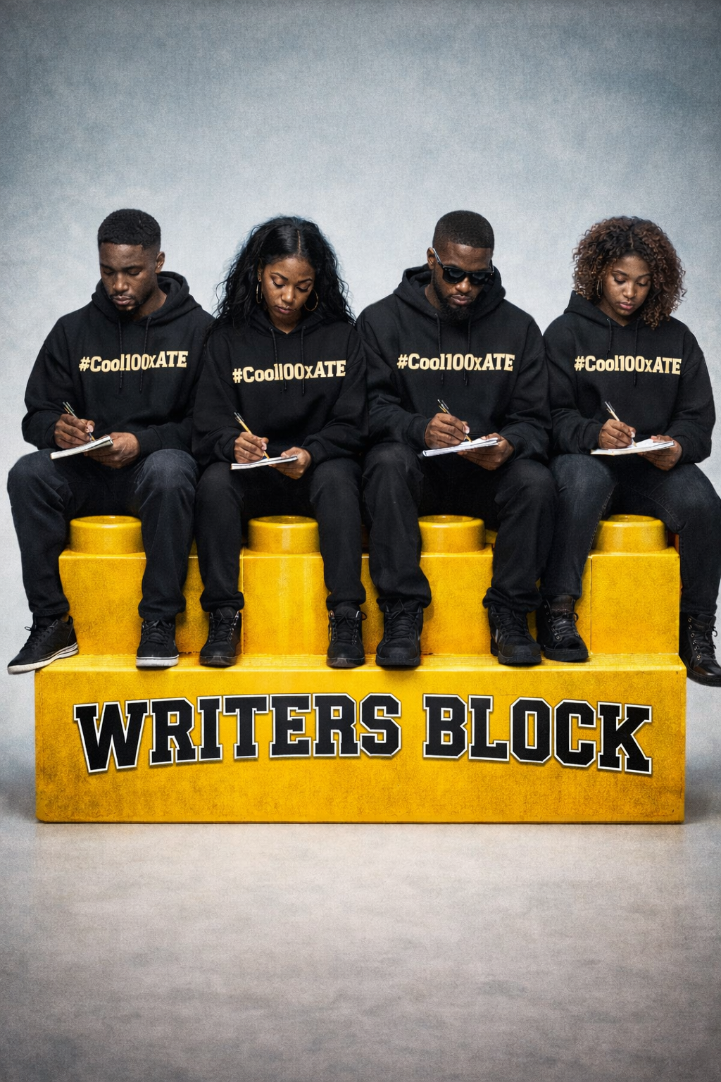 Four diverse young adults sitting on a yellow podium labeled 'WRITERS BLOCK', wearing matching black hoodies with '#Cool100xATE' printed on them, taking notes against a plain gray background.