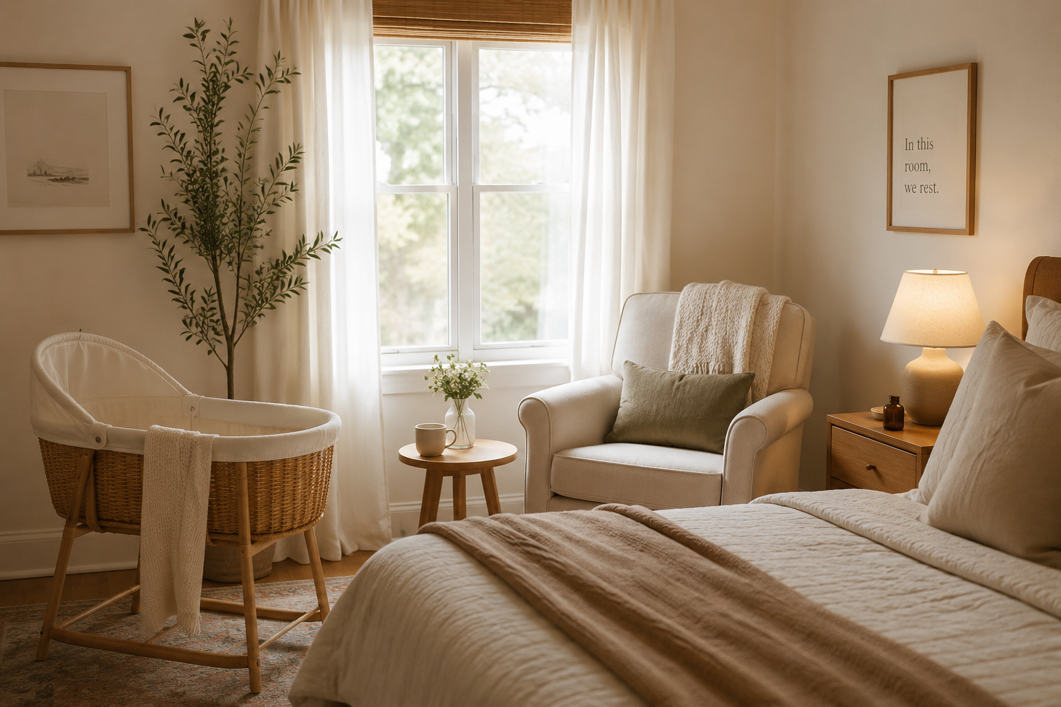 A cozy, well-lit bedroom with a large bed, a bedside table with a lamp, a white armchair with a green pillow, a small round table with a vase of flowers and a mug, a wicker bassinet, a window with sheer curtains, framed wall art, and a potted plant.