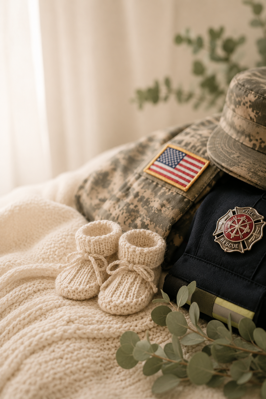 A pair of white knitted baby booties placed on a cream-colored blanket, alongside a military camouflage uniform with an American flag patch, a fire rescue badge, and a camouflage hat. Green leaves are also visible.