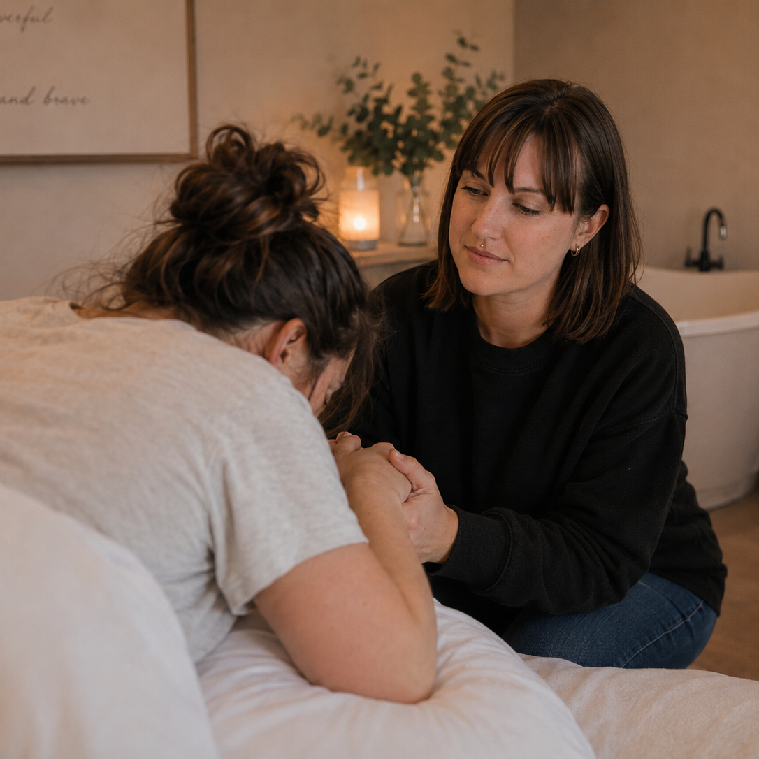 A woman comforting another woman who appears to be in labor, holding their hand with tenderness in a warm, softly lit room.