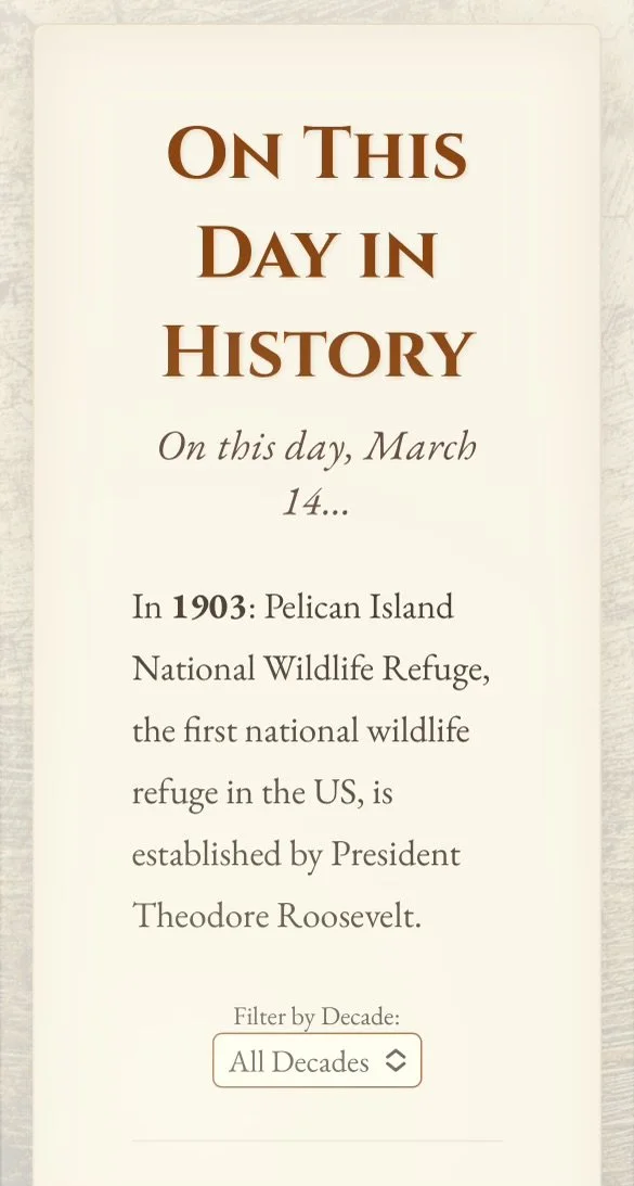 A historical infographic titled "On This Day in History" displaying information about the establishment of the Pelican Island National Wildlife Refuge on March 14, 1903, by President Theodore Roosevelt.