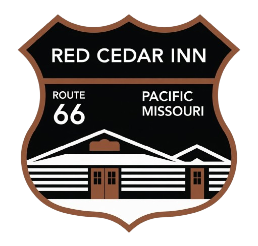 Sign for Red Cedar Inn featuring route 66, located in Pacific, Missouri, with an illustration of the inn building.