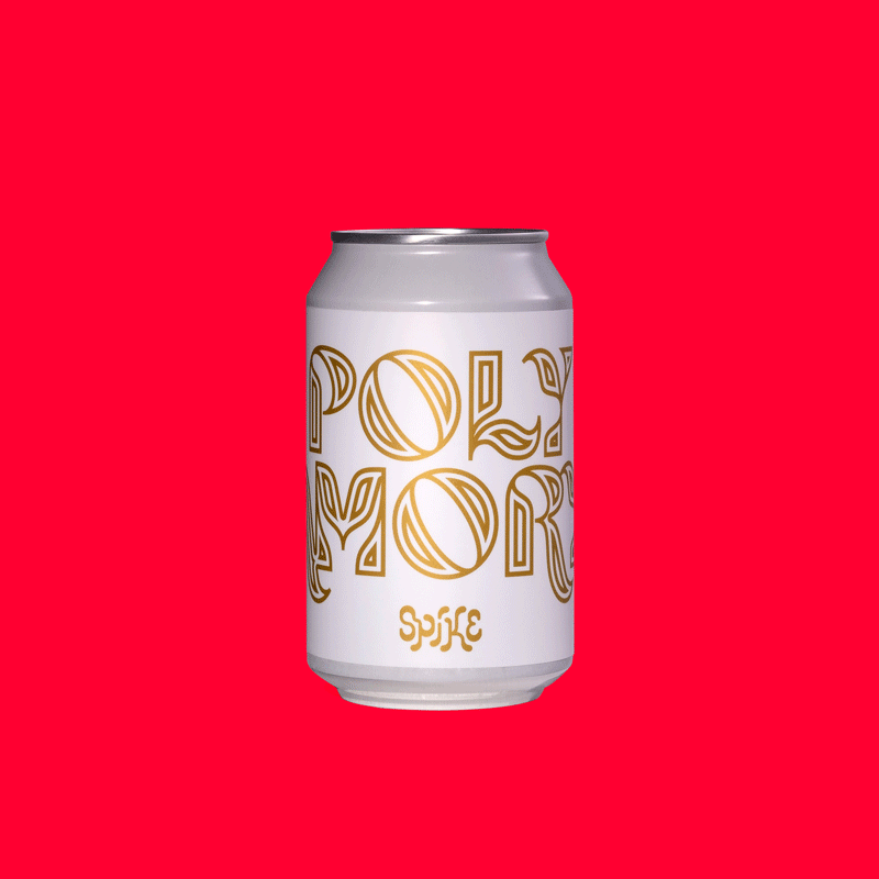 A white aluminum can with gold and black stylized lettering reading "POWYORK Spike" against a bright red background.