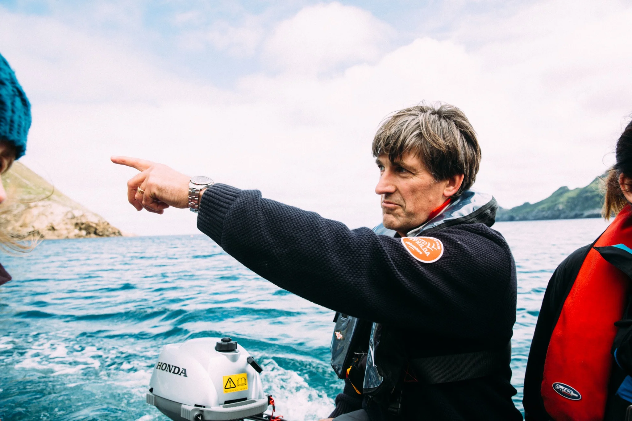 Derek, who operates the 'Go To St Kilda' cruise company. Boats aren't allowed to dock at the harbour so we had to transfer to this dinghy to make our way ashore. &nbsp;