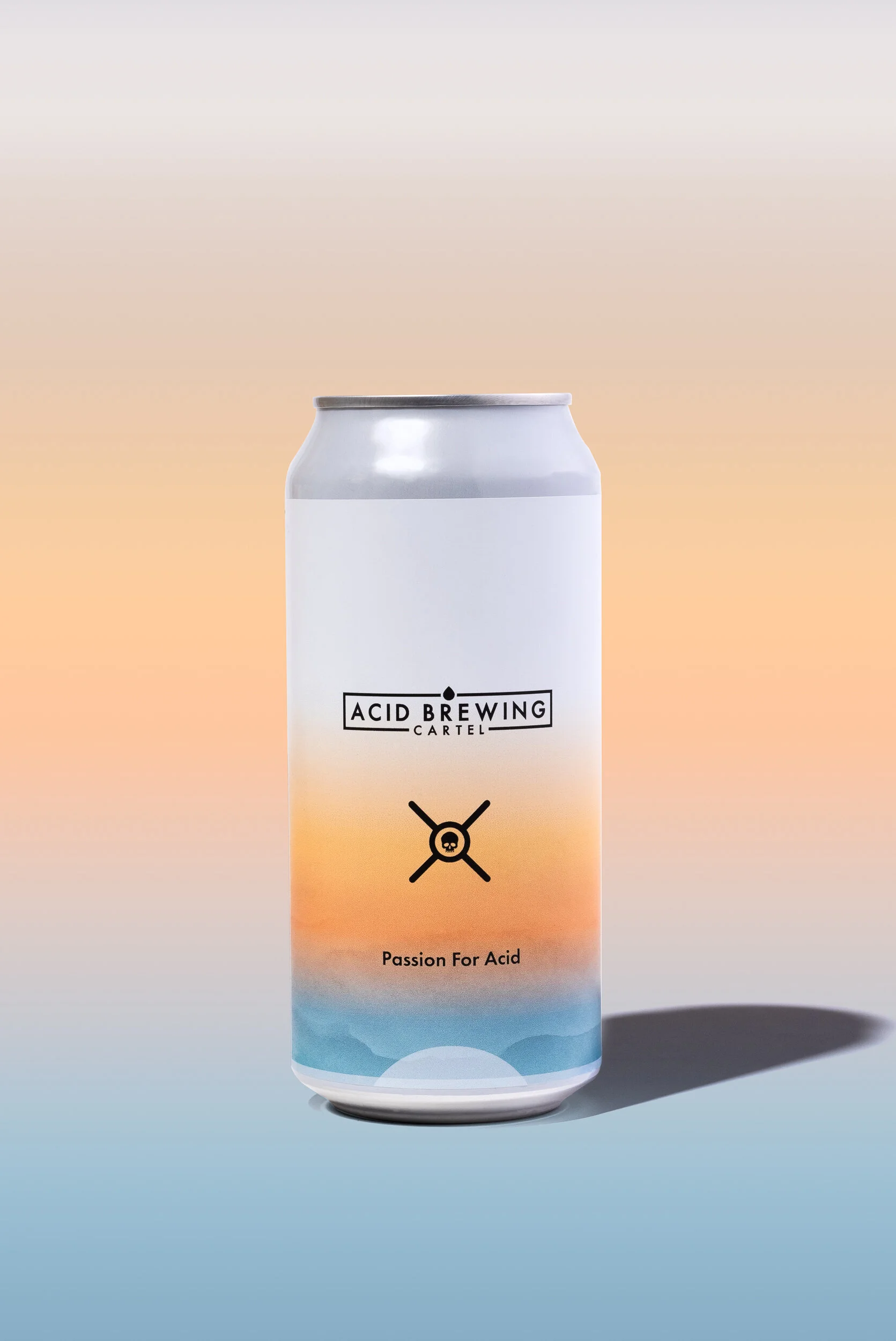 A can of beer with a label that reads 'ACID BREWING CARTEL' and 'Passion For Acid' underneath, featuring a gradient background with pastel colors and a black skull and crossbones symbol.
