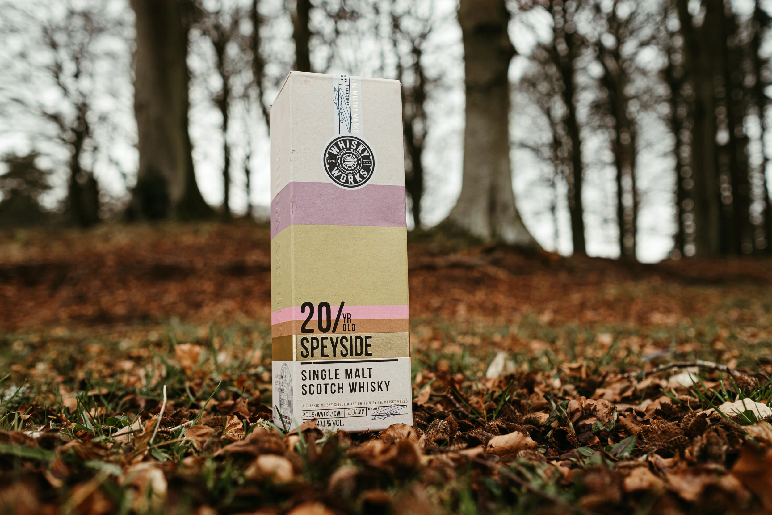 A whiskey bottle box placed on a forest ground covered with autumn leaves, with trees in the background. The box indicates it is a 20-year-old Speyside single malt Scotch whiskey, bottled by The Whiskey Works.