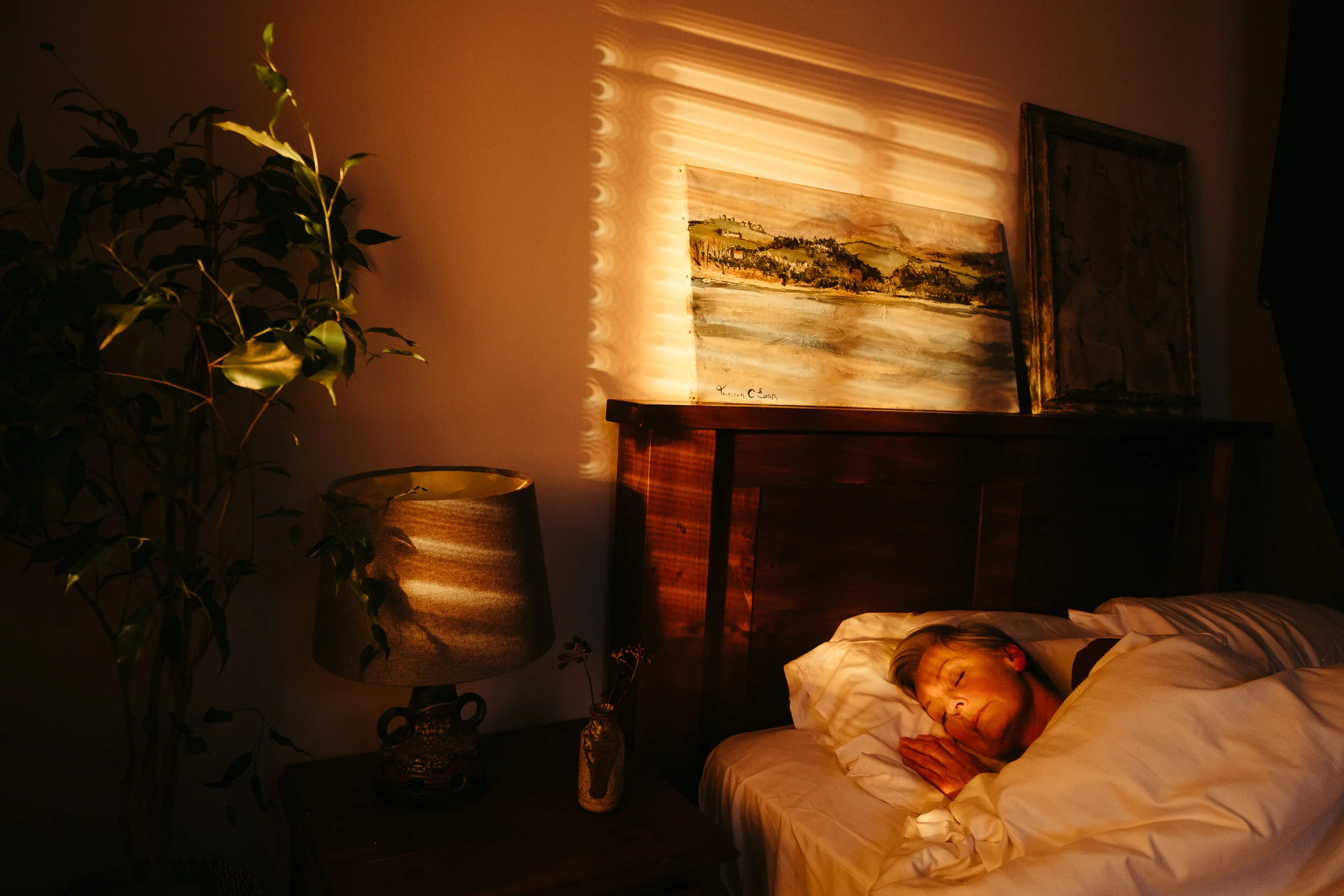 A woman sleeping on her side in bed with a white pillow, illuminated by warm light from a nearby table lamp, in a cozy bedroom decorated with paintings and plants.