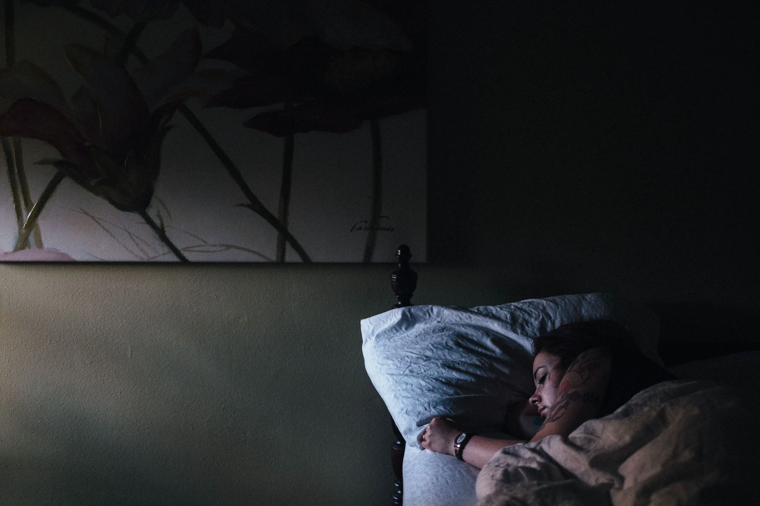 A person sleeping on a bed with a white pillow and patterned blanket in a dimly lit room, with a large mirror and a leafy plant on the wall.