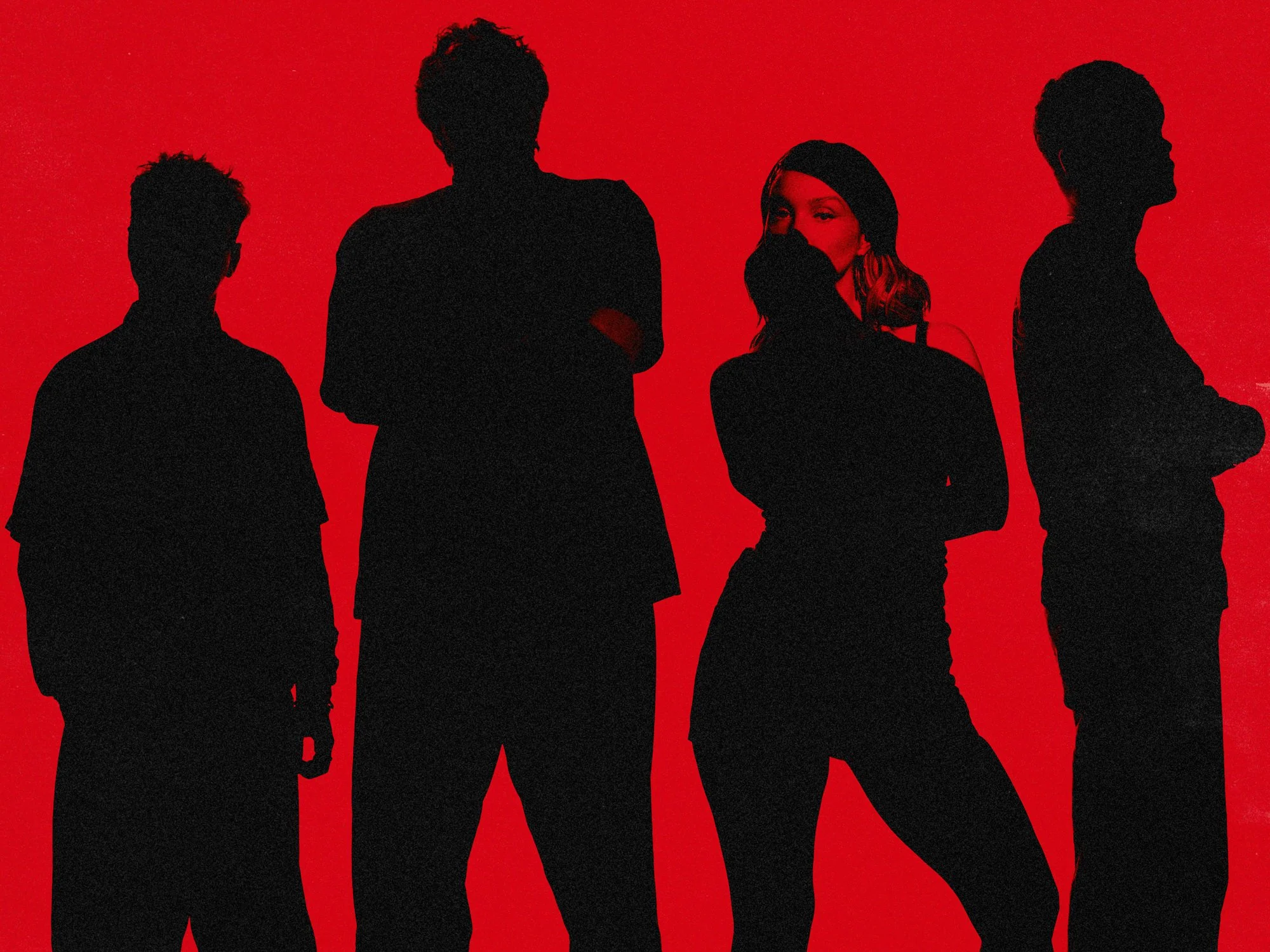 Silhouettes of four people standing against a red background, with one woman wearing a mask.