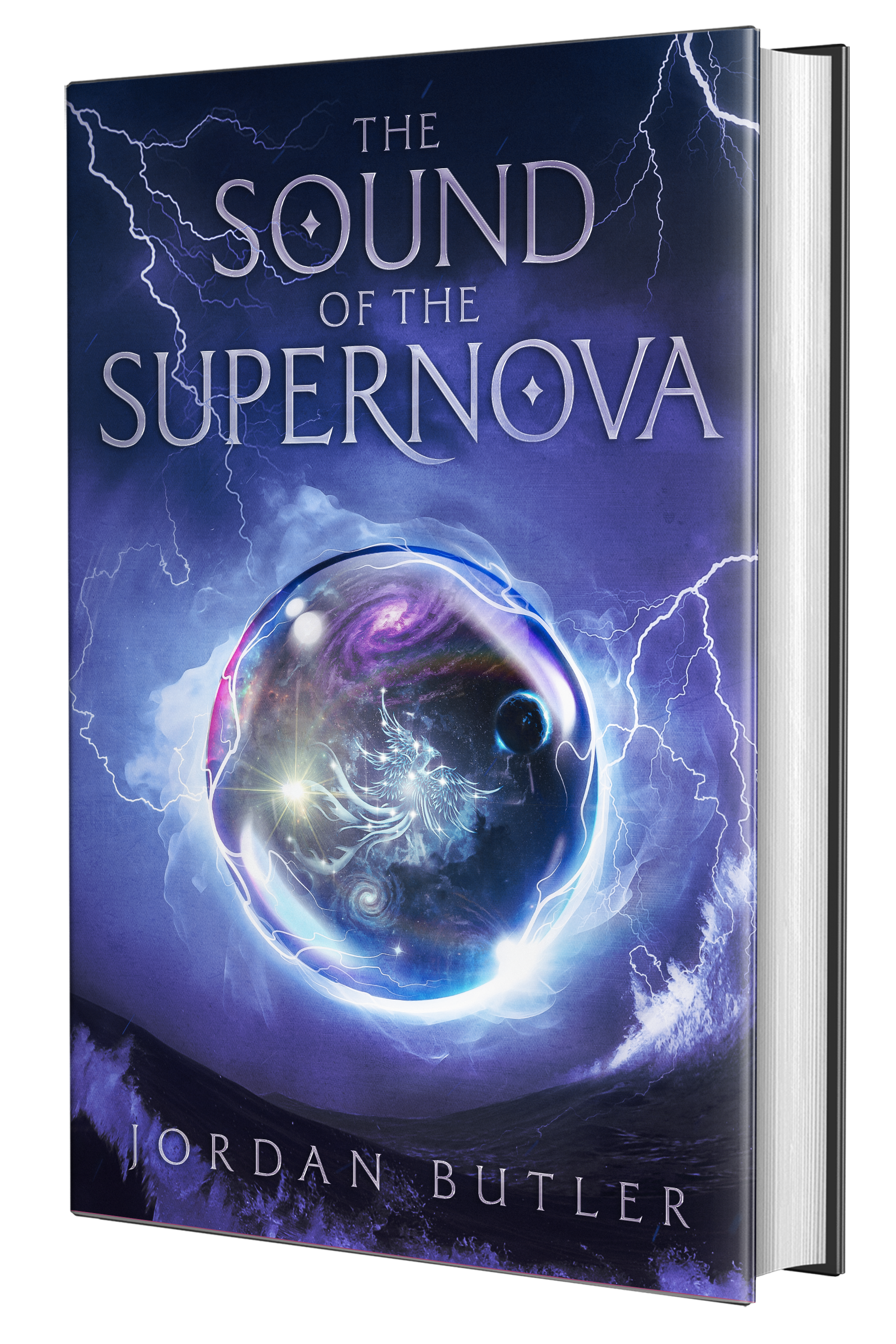 Book cover for 'The Sound of the Supernova' by Jordan Butler, featuring a cosmic scene with lightning, a dragon, and a galaxy.