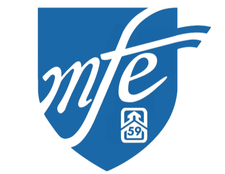 A blue shield-shaped logo with the stylized letters 'mfe' in black, and an electronic device icon at the bottom. MFE has endorsed Becca Dryden for Minneapolis School Board, District 5.
