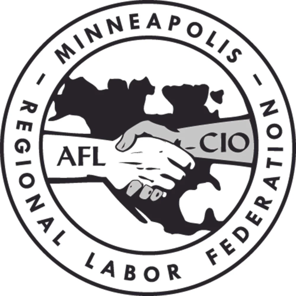 Seal of the Minneapolis Police Department featuring two hands shaking over a map of the US, with the words 'Minneapolis Police,' 'Regional Labor Federation,' and abbreviations AFL-CIO. MFE has endorsed Becca Dryden for School Board, D5.