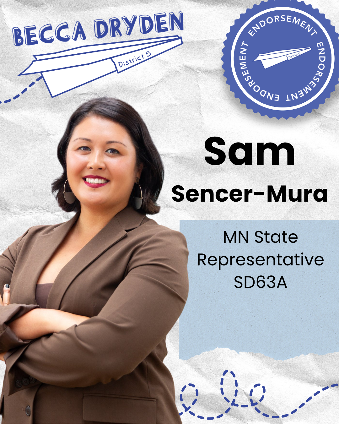 Campaign poster featuring candidate Sam Sencer-Mura from Minnesota, running for state representative in district 5, with endorsement seal and campaign graphics.