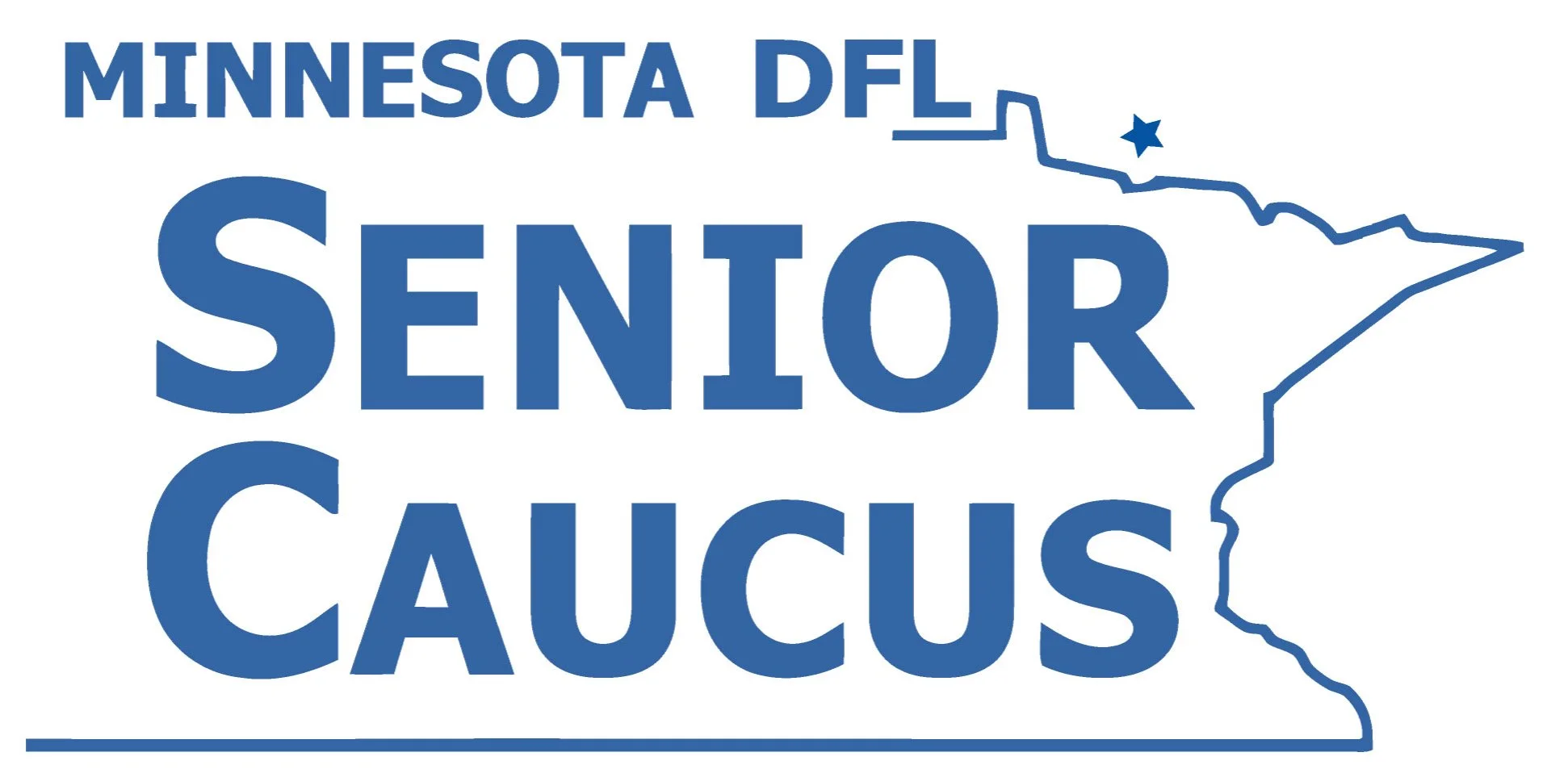 Text reads "Minnesota DFL Senator Caucus" with a blue outline map of Minnesota including a star marking the capital. The Senior Caucus has endorsed Becca Dryden for Minneapolis School Board, District 5.