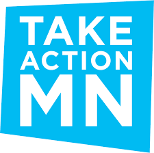 A blue rectangular sign with white text that says "TAKE ACTION MN". TakeAction has endorsed Becca Dryden for Minneapolis School Board, District 5.