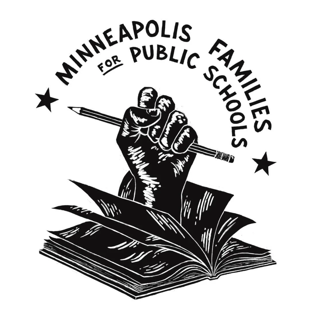 A black and white illustration of a fist holding a pencil emerging from an open book, surrounded by text that reads 'Minneapolis Families for Public Schools' with two stars on either side. Endorsed Becca Dryden for Minneapolis School Board, D5.