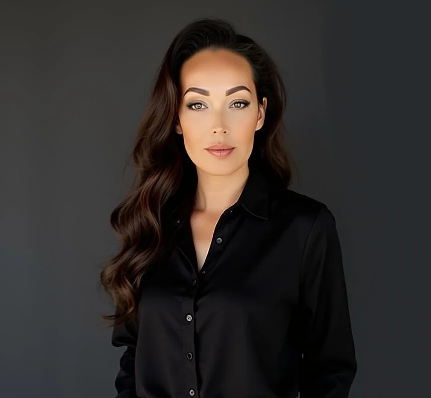 Portret van een vrouw met lange, golvende bruin haar, natuurlijke make-up, zwarte blouse, voor een grijze achtergrond.