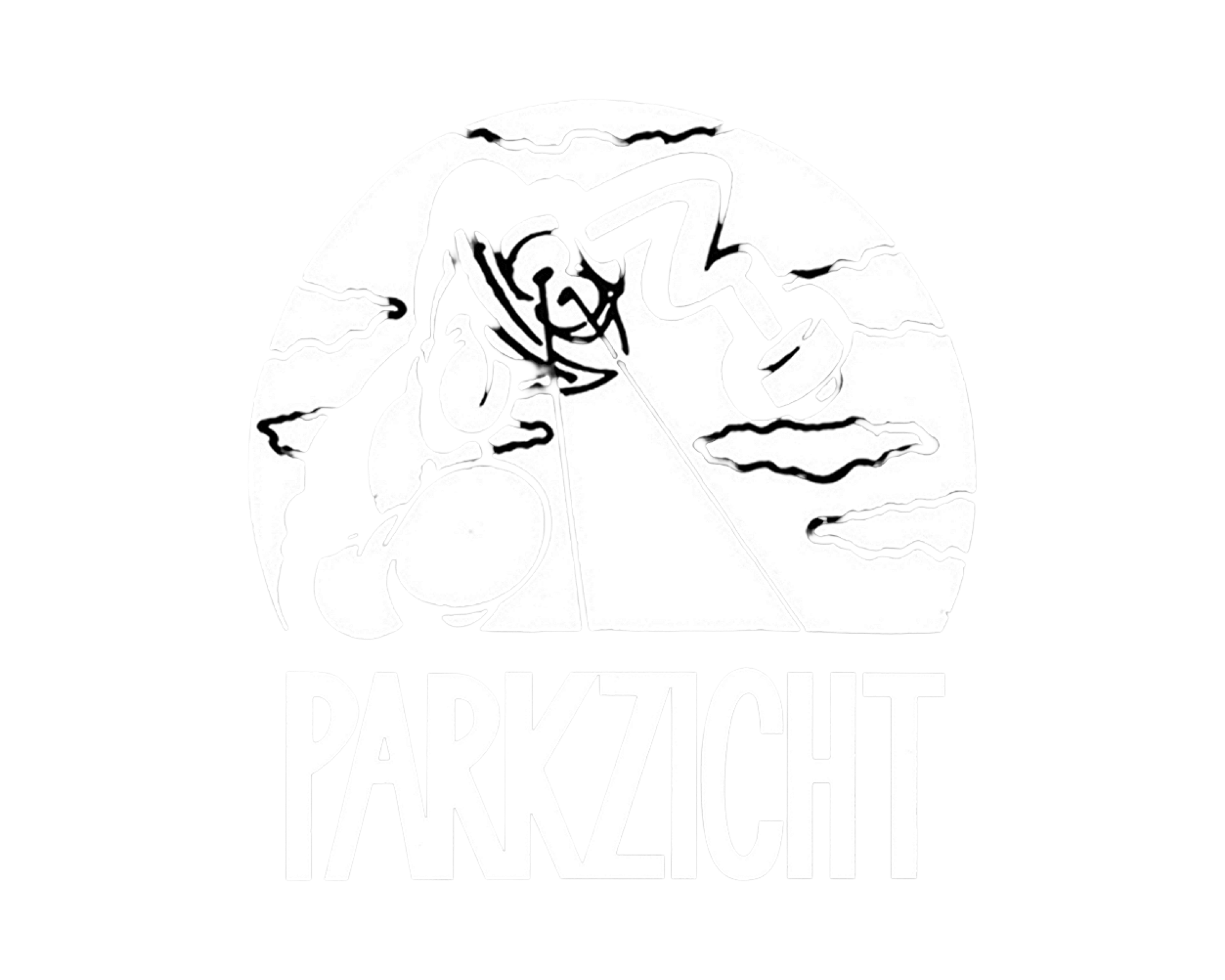 Een zwart-wit logo met een karateka die in een driehoekige vorm een kata positie uitvoert, omgeven door wolken en bergen. Onder het logo staat de tekst 'PARKZICHT' in grote letters.