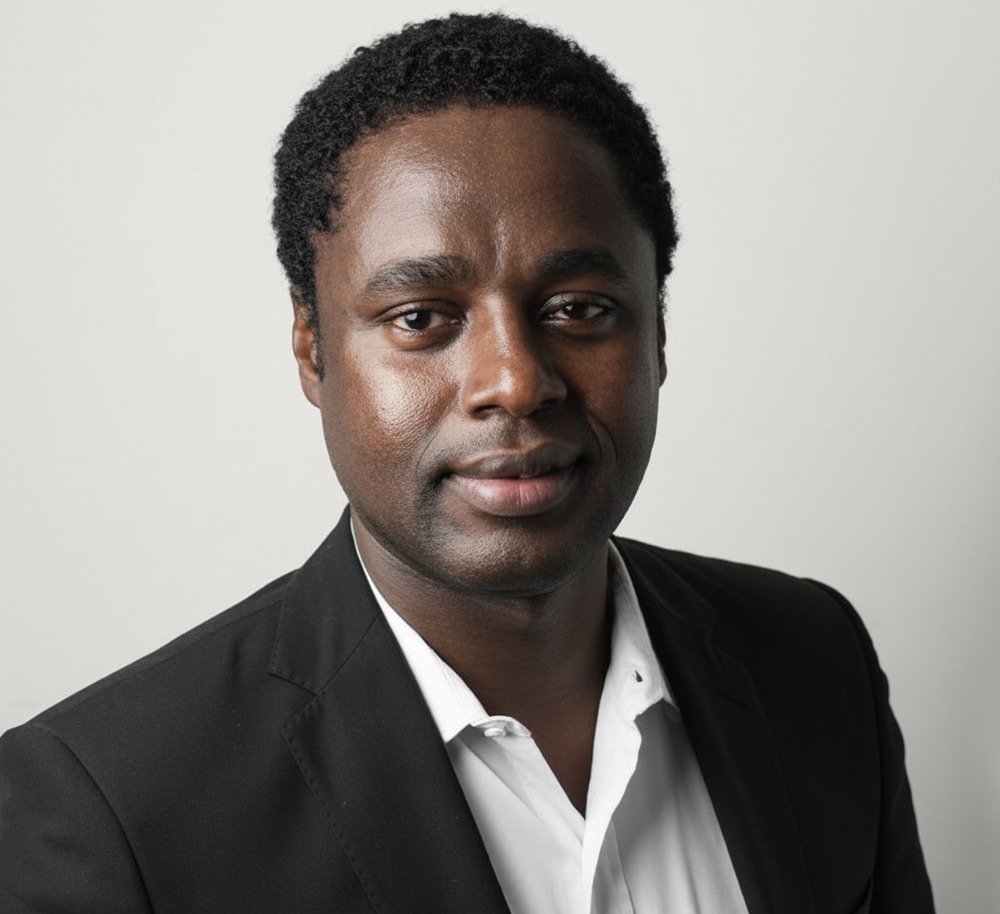 Professional portrait of a Black man in a black suit and white shirt, against a plain light background.