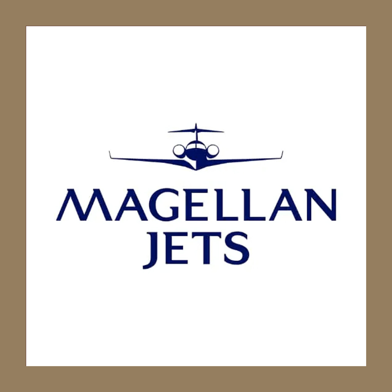 Logo of Magellan Jets featuring a stylized jet above the company name in navy blue.