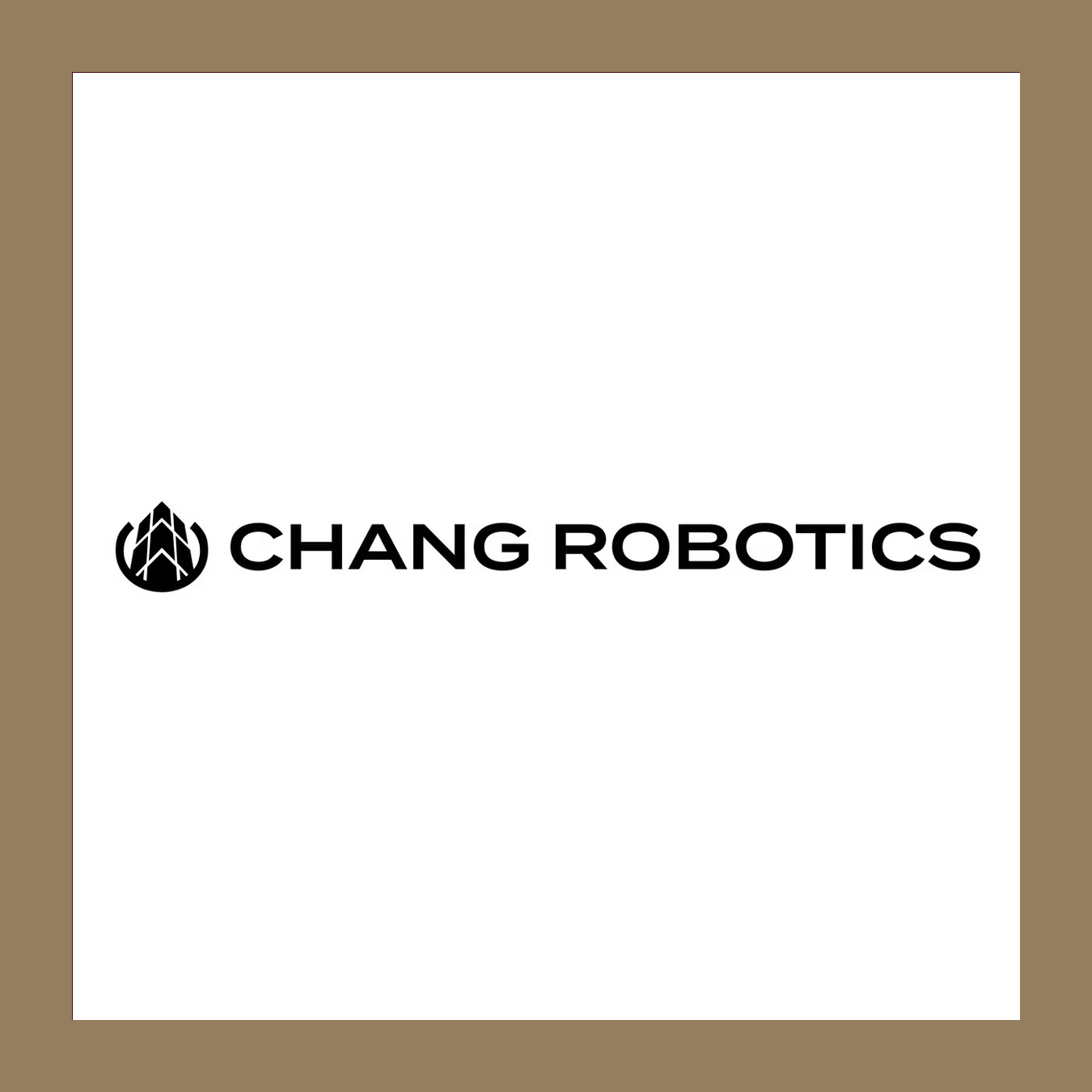 Logo of Chang Robotics, featuring a black icon resembling a stylized flame or leaf next to the company name in bold black letters, on a white background with a brown border.