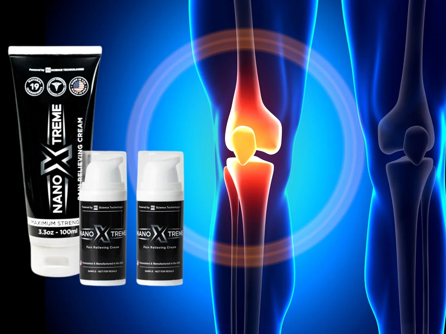 Image of a digital illustration of a knee joint with highlighted inflammation, next to two bottles of pain relief cream, Nano Xtreme.