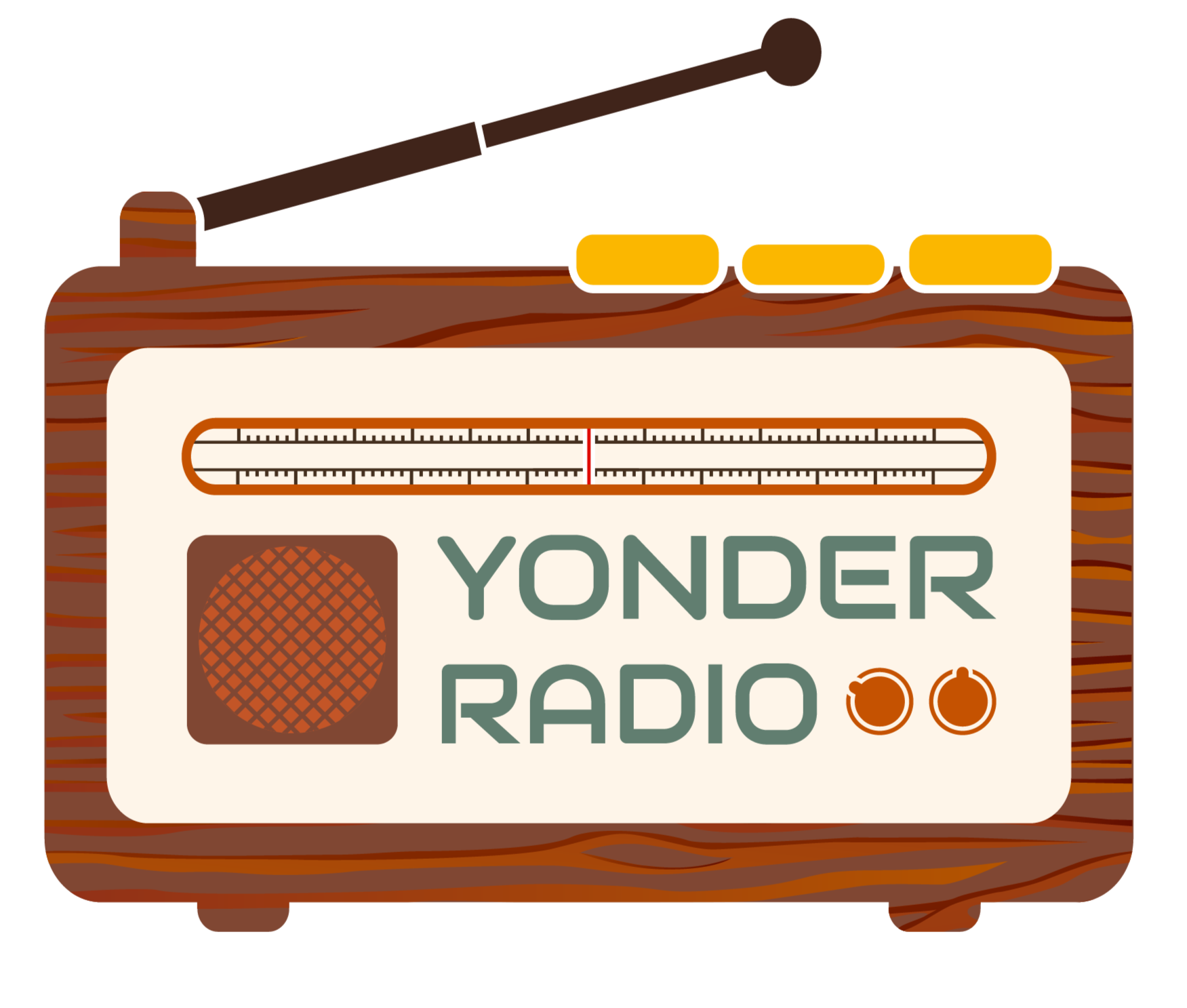 Vintage Yonder Radio with wood grain design, tuning dial, and speaker grille on front.
