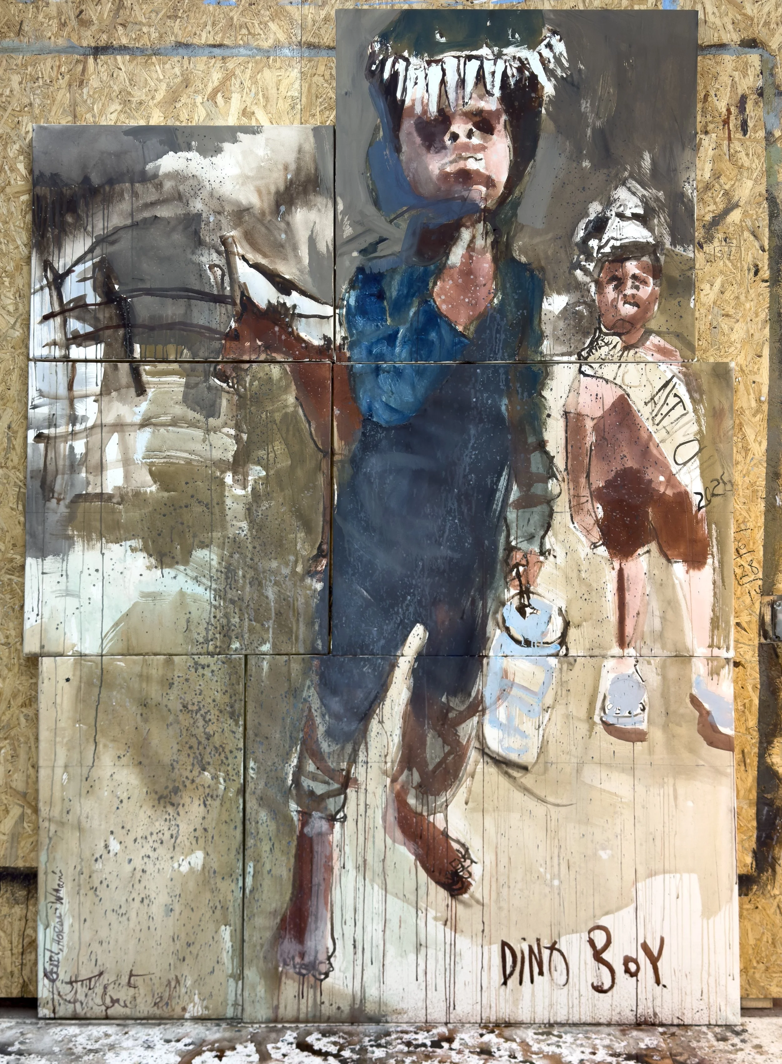 Meet Dino Boy 100 x 72 in  Stretched Watercolor on joined panels