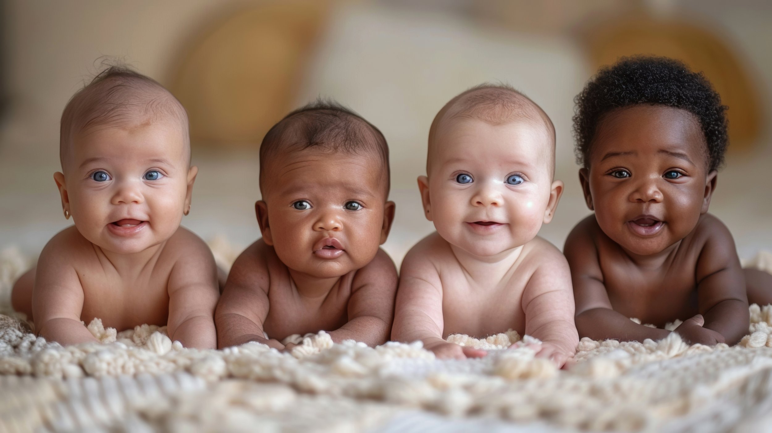Four diverse babies lying on a soft surface, smiling and looking at the camera.