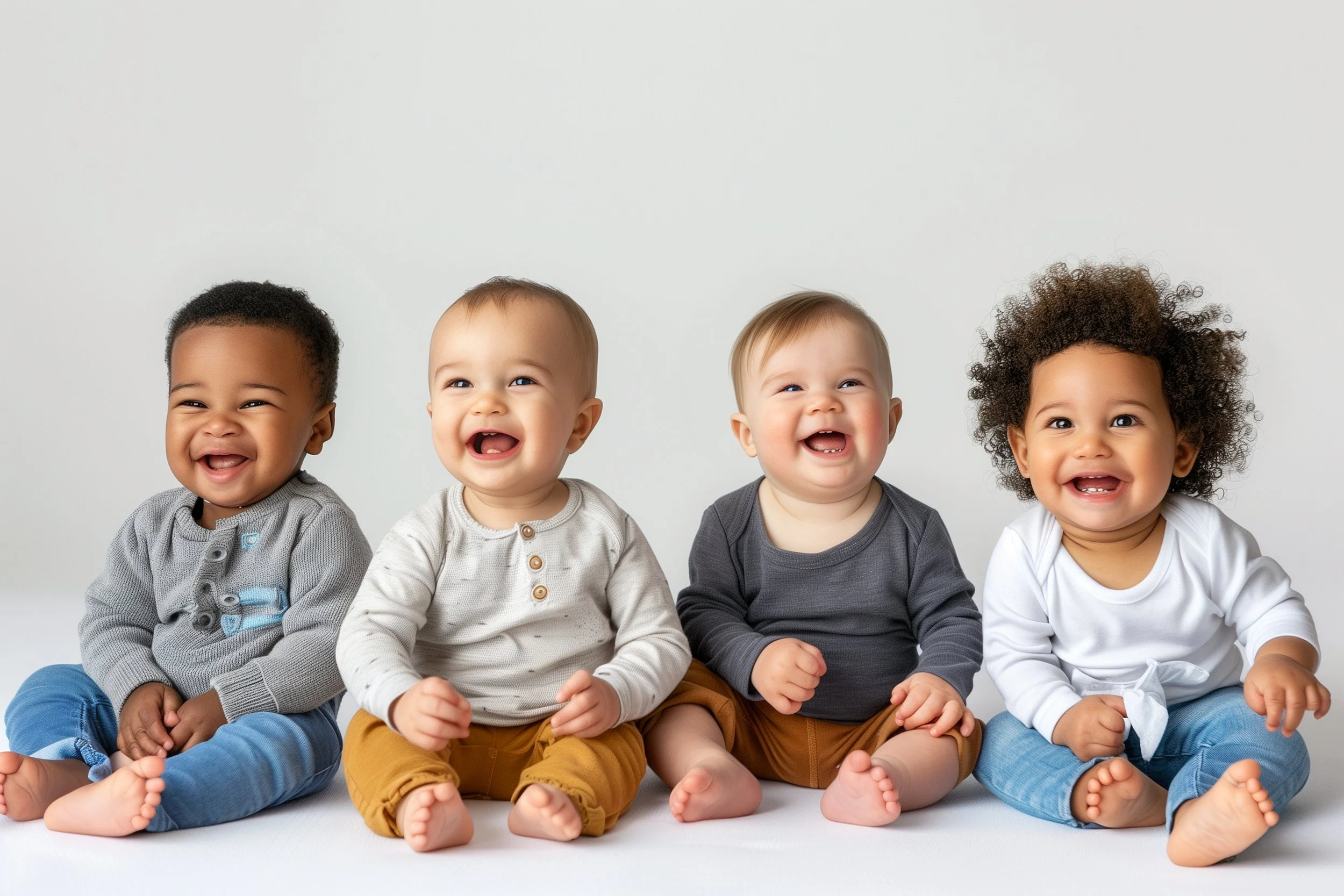 Four babies sitting on the floor against a light gray background, smiling and looking happy.