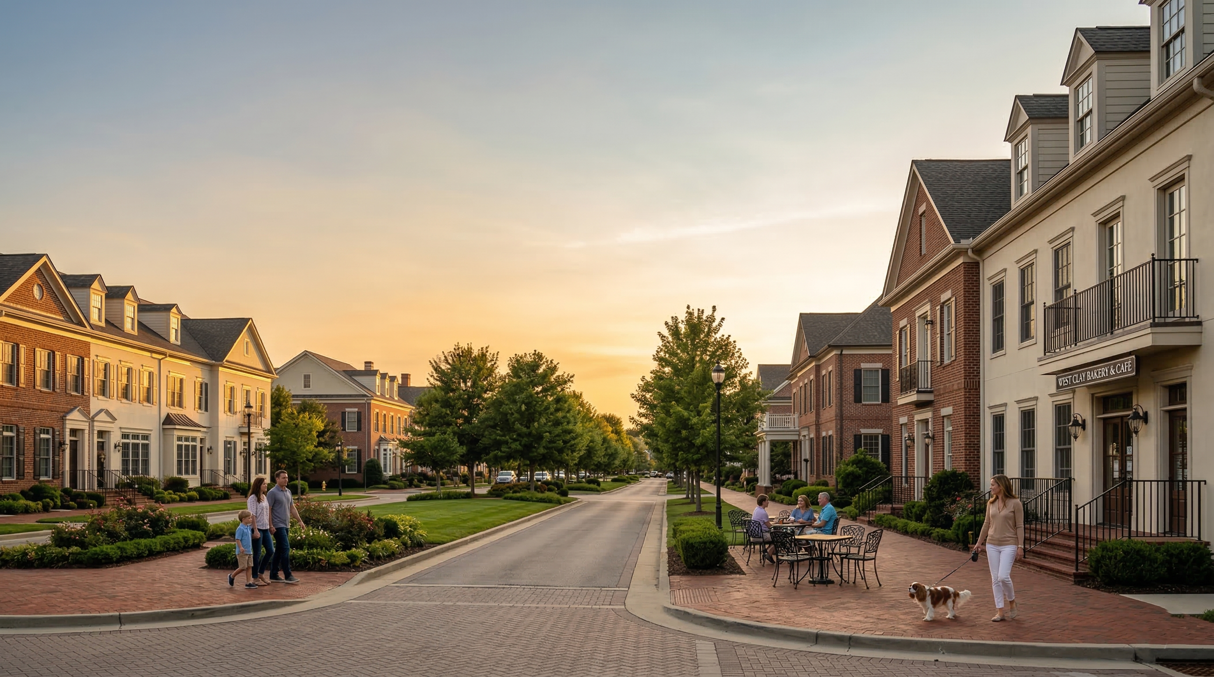 Residential street with brick and white townhouses, people walking and sitting outside, trees, and a sunset sky.
