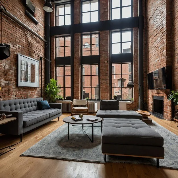 A modern living room with exposed brick walls, tall large windows, a gray sofa, a matching gray ottoman, a round coffee table, a fireplace, and some indoor plants.