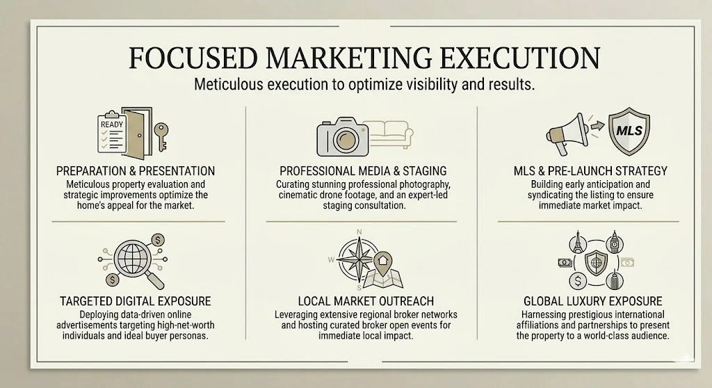 Infographic titled "Focused Marketing Execution" detailing six steps: Preparation & Presentation, Professional Media & Staging, MLS & Pre-Launch Strategy, Targeted Digital Exposure, Local Market Outreach, and Global Luxury Exposure, with descriptions of each step.