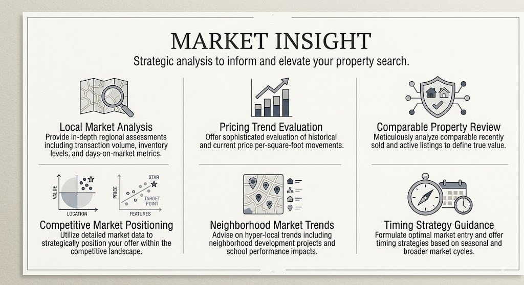 A property market analysis report titled 'Market Insight' with sections on local market analysis, pricing trend evaluation, comparable property review, competitive market positioning, neighborhood market trends, and timing strategy guidance, each with descriptive icons and explanations.