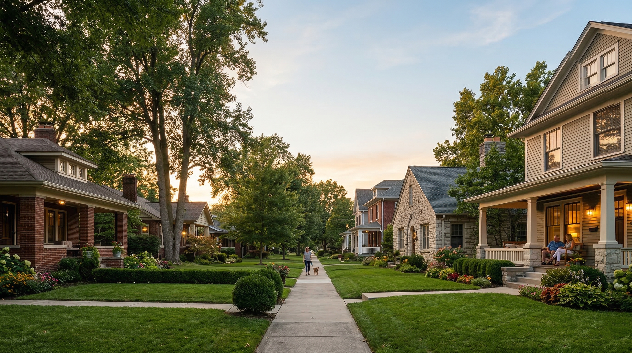 Neighborhood street scene with houses, trees, and a woman walking her dog on the sidewalk during sunset.