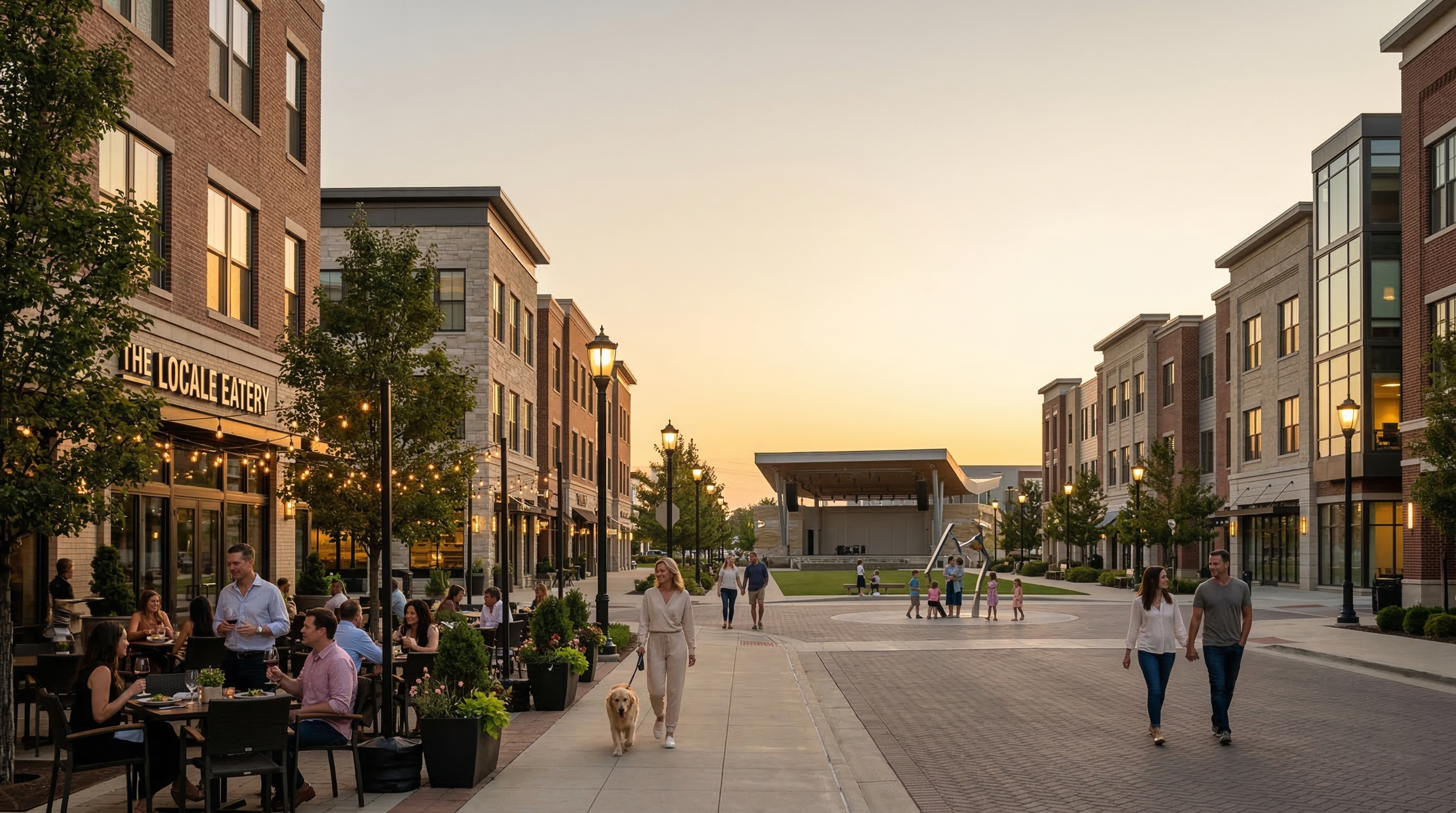 A lively outdoor shopping district at sunset with people dining at restaurants, walking dogs, and children playing near a stage for live music.