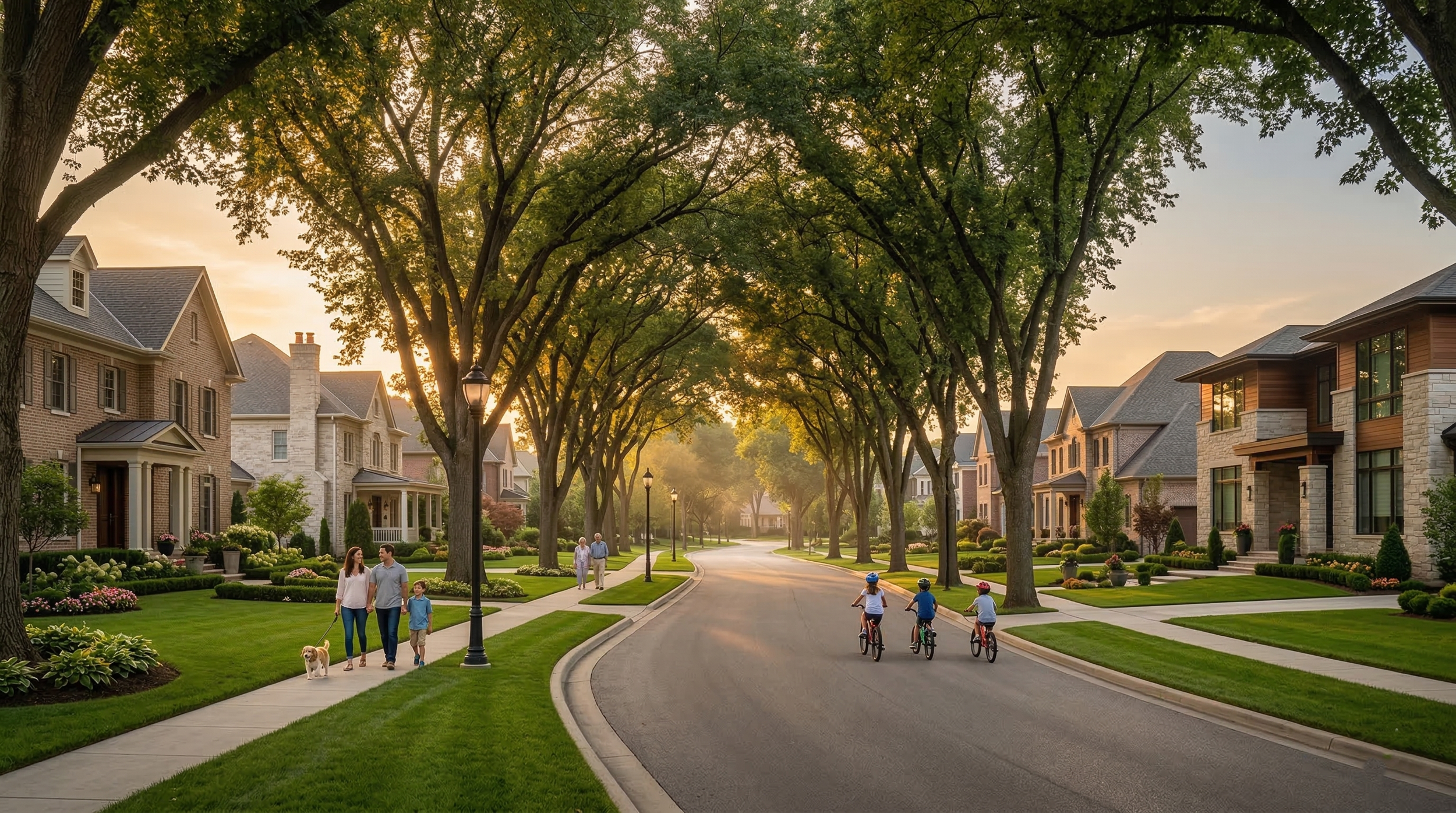 A peaceful suburban street during sunset with large trees arching over the road. Families walk on the sidewalk and children ride bikes, with well-maintained lawns and modern houses on both sides.