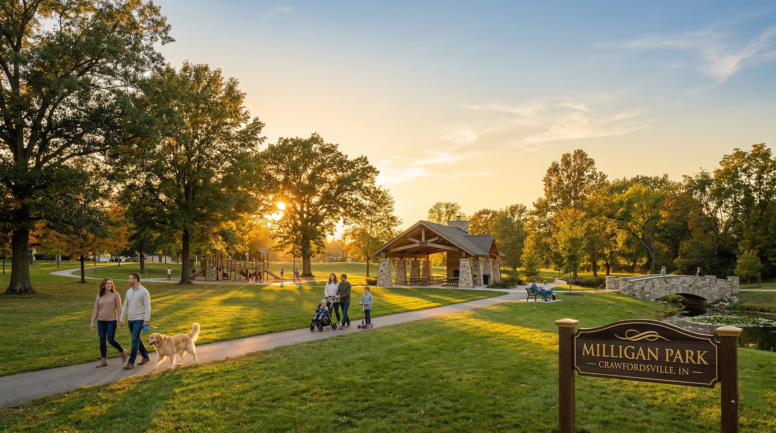 People walking dogs and pushing strollers in Milligan Park in Crawfordsville, Indiana during sunset, with trees, a playground, a small bridge over a stream, and a pavilion.