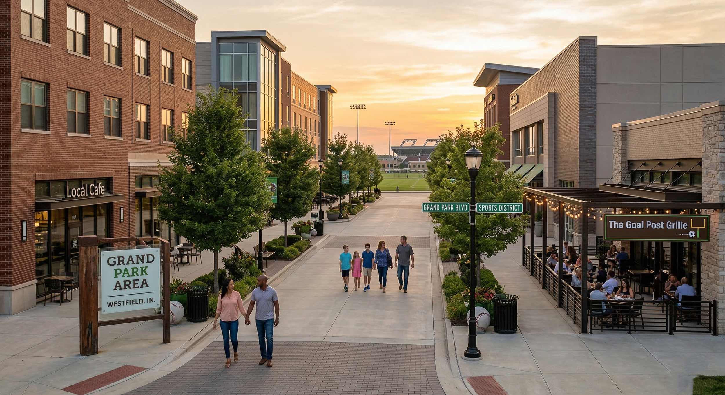People walking and dining outdoors on a vibrant city street near a sports stadium at sunset, with signs indicating Grand Park Area, Grand Park Blvd, and Sports District, surrounded by modern brick buildings and trees.