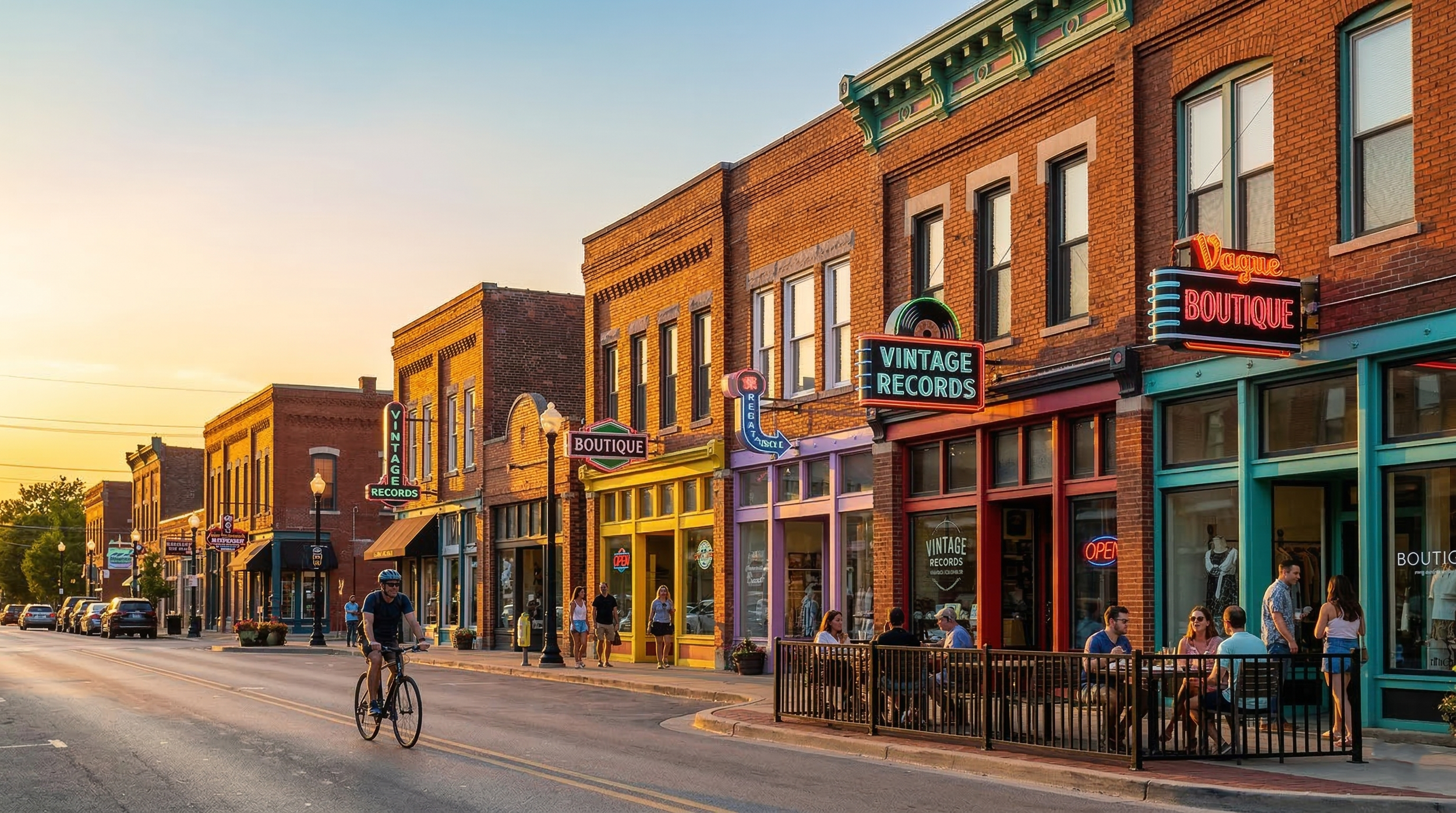 Sunny street scene with brick buildings housing vintage record and boutique stores, people walking and sitting outside, cyclist on the road, and cars parked along the curb.