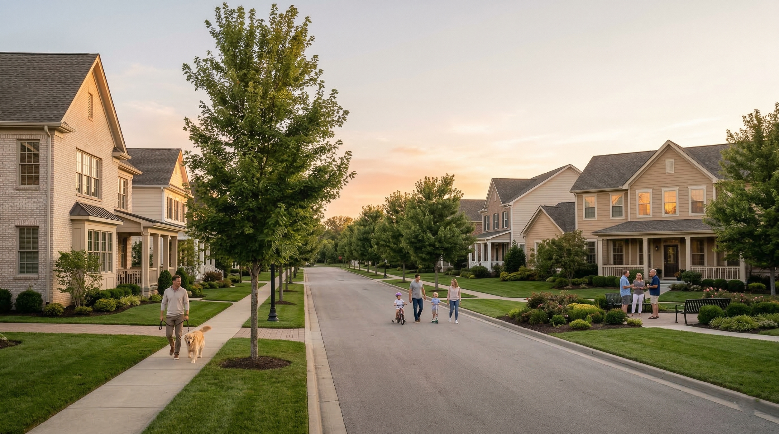 A suburban neighborhood street at sunset with multiple families walking, biking, and standing outside their houses, surrounded by well-maintained lawns and trees.