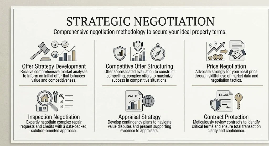 A detailed infographic titled 'Strategic Negotiation' outlining six negotiation strategies: Offer Strategy Development, Competitive Offer Structuring, Price Negotiation, Inspection Negotiation, Appraisal Strategy, and Contract Protection, each with descriptive text and icons.