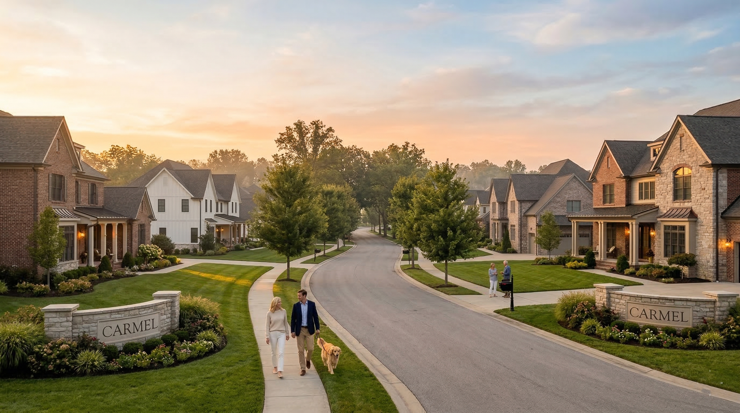 Suburban neighborhood in Carmel at sunset with people walking and talking, some with a dog, surrounded by well-maintained lawns and houses.