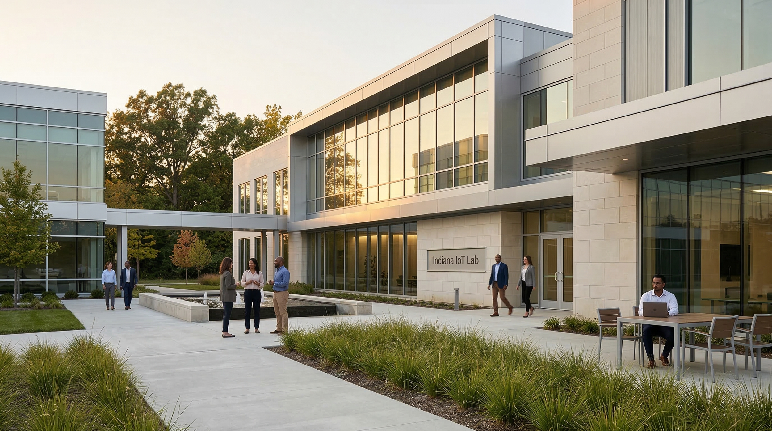 Exterior view of the Indiana IoT Lab building with several people walking and talking outside, some seated at a table with a laptop, surrounded by landscaping and trees.