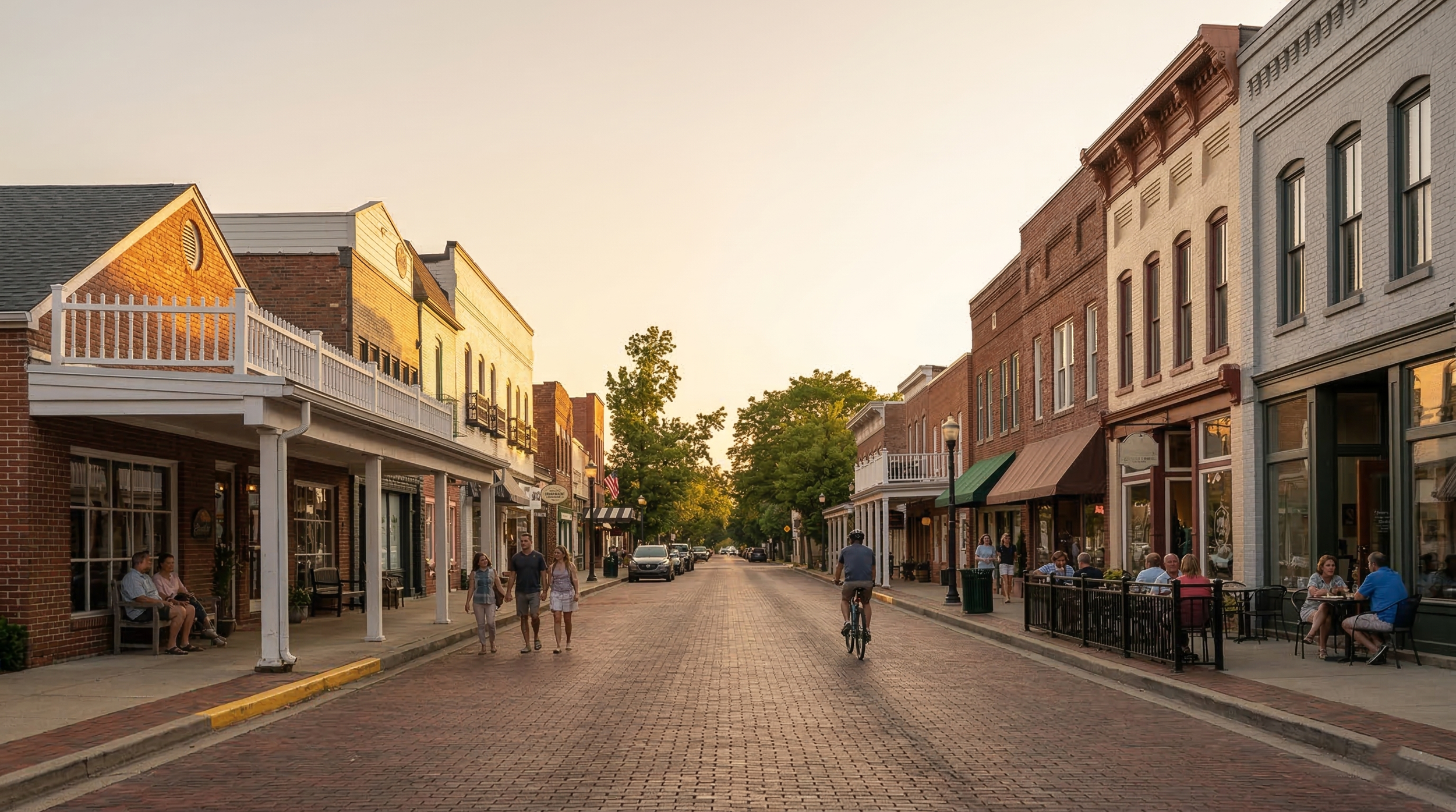 A lively small-town street scene during sunset with brick buildings, outdoor dining, and pedestrians.