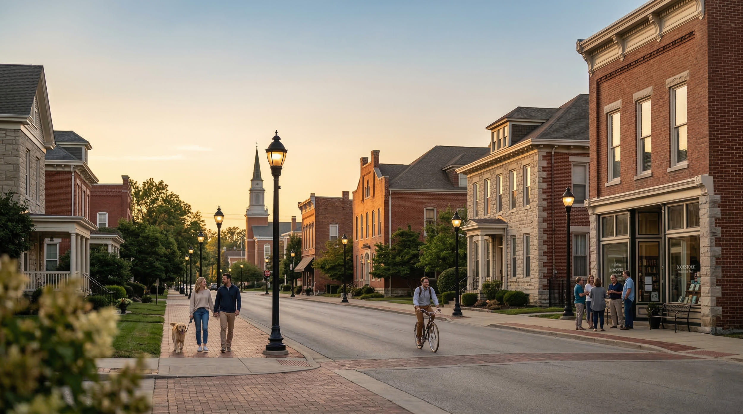 A peaceful city street at sunset with historic brick and stone buildings, several lamp posts, trees, and pedestrians including a woman walking a dog, a man riding a bicycle, and a group of people chatting outside a shop.