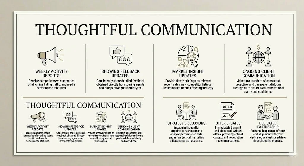 A presentation slide titled 'Thoughtful Communication' with eight icons and descriptions in two sections. The first section has four points: weekly activity reports, showing feedback updates, market insight updates, and ongoing client communication. The second section repeats the same points with similar descriptions, adding strategy discussions, offer updates, and dedicated partnership details.