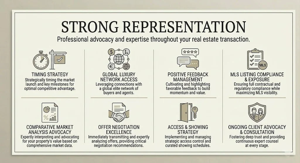 Infographic titled 'STRONG REPRESENTATION' detailing professional real estate advocacy and expertise. It includes sections: 'Timing Strategy' about strategic market timing, 'Global Luxury Network Access' on leveraging global connections, 'Positive Feedback Management' for cultivating feedback, 'MLS Listing Compliance & Exposure' on regulatory compliance, 'Comparative Market Analysis Advocacy' for property value analysis, 'Offer Negotiation Excellence' on transmitting and analyzing offers, 'Access & Showing Strategy' for managing access control, and 'Ongoing Client Advocacy & Consultation' for continuous client support.